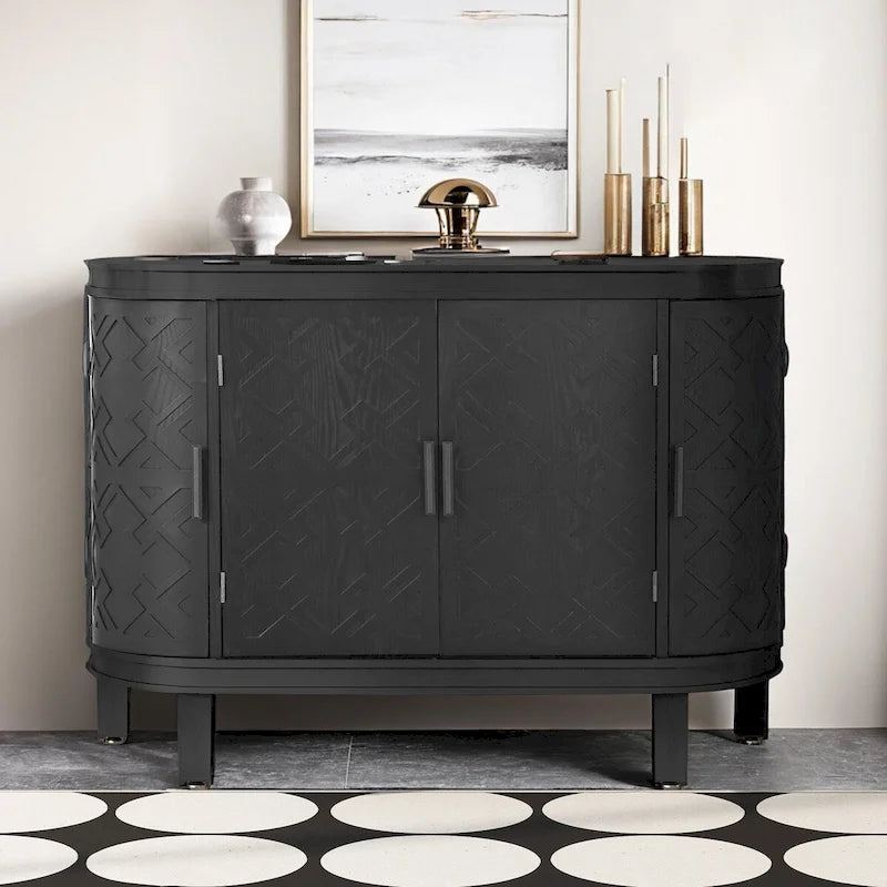 Buffet bas avec portes sculptées antiques – Noir / Blanc / Gris antique / Bleu marine