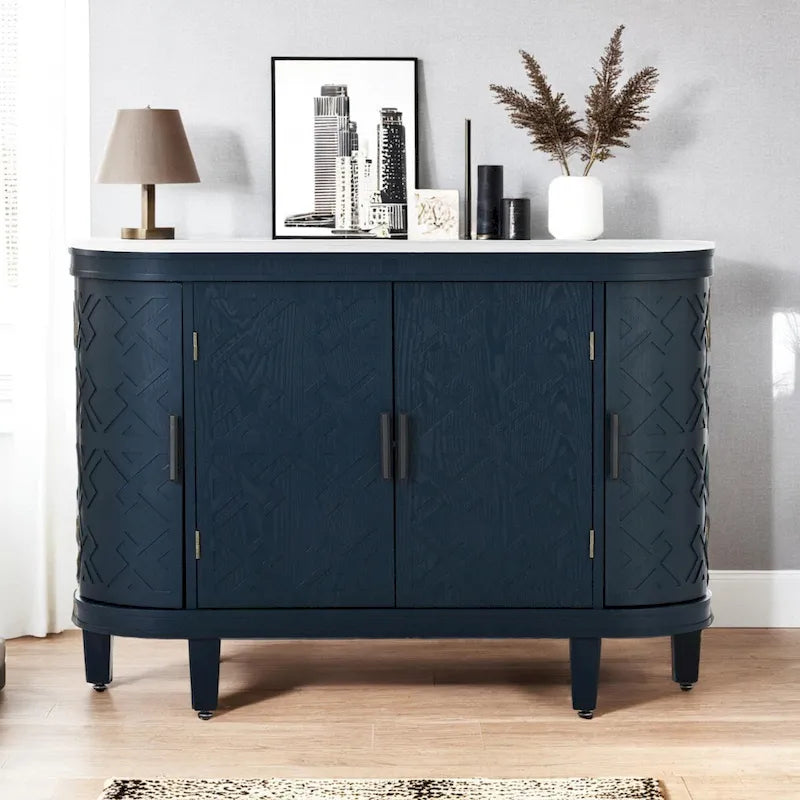 Buffet bas avec portes sculptées antiques – Noir / Blanc / Gris antique / Bleu marine