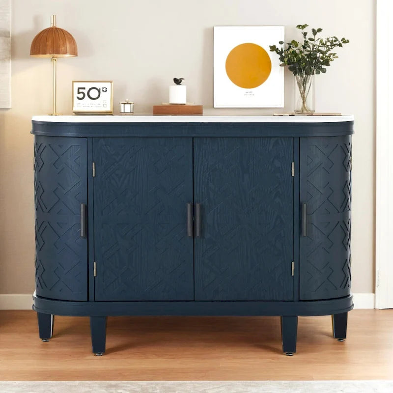 Buffet bas avec portes sculptées antiques – Noir / Blanc / Gris antique / Bleu marine