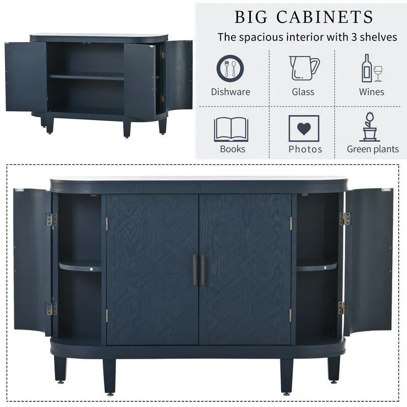 Buffet bas avec portes sculptées antiques – Noir / Blanc / Gris antique / Bleu marine