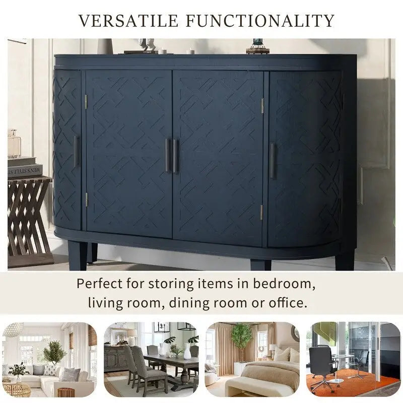 Buffet bas avec portes sculptées antiques – Noir / Blanc / Gris antique / Bleu marine