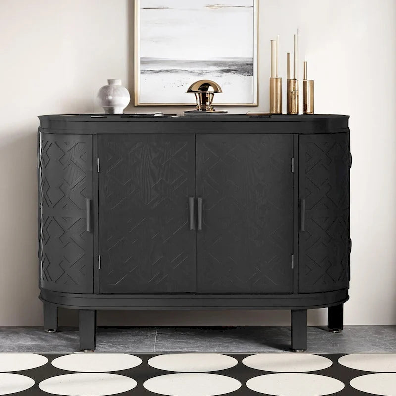 Buffet bas avec portes sculptées antiques – Noir / Blanc / Gris antique / Bleu marine
