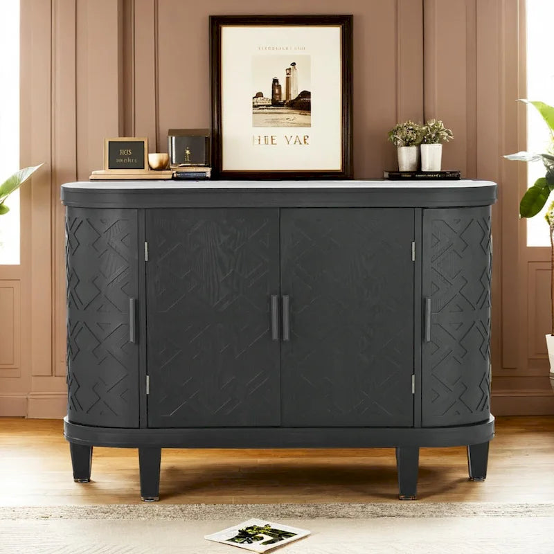 Buffet bas avec portes sculptées antiques – Noir / Blanc / Gris antique / Bleu marine