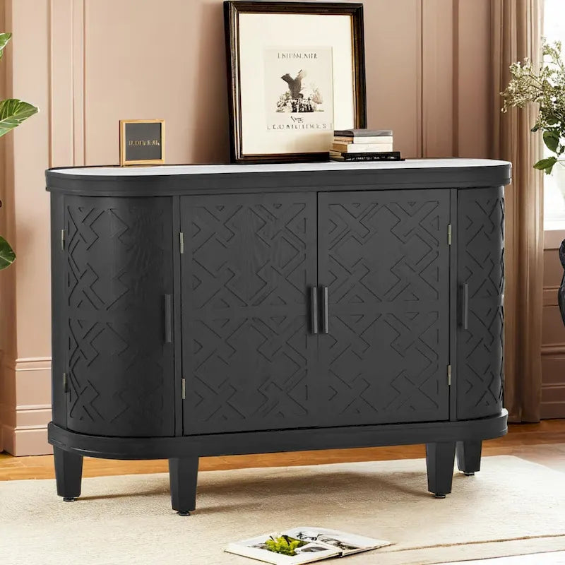 Buffet bas avec portes sculptées antiques – Noir / Blanc / Gris antique / Bleu marine