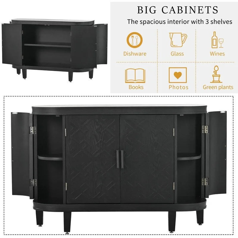 Buffet bas avec portes sculptées antiques – Noir / Blanc / Gris antique / Bleu marine