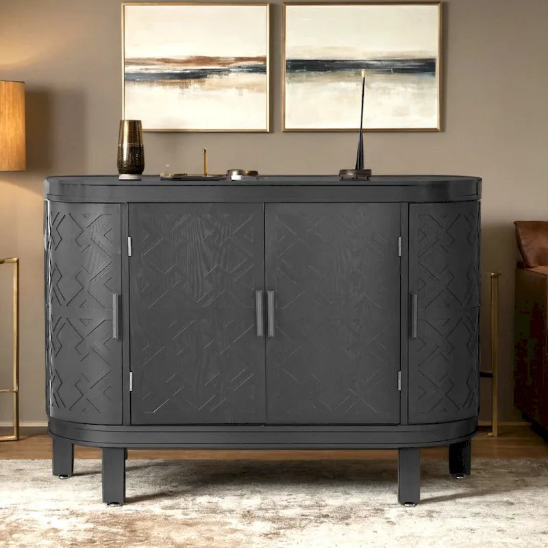 Buffet bas avec portes sculptées antiques – Noir / Blanc / Gris antique / Bleu marine