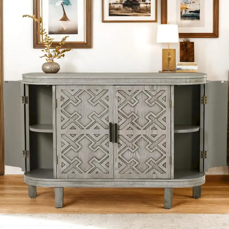 Buffet bas avec portes sculptées antiques – Noir / Blanc / Gris antique / Bleu marine