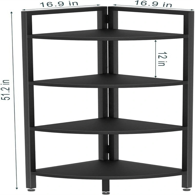 Étagère d'angle à 4 niveaux, Chêne Noyer / Noir, Structure triangulaire, 1 personne