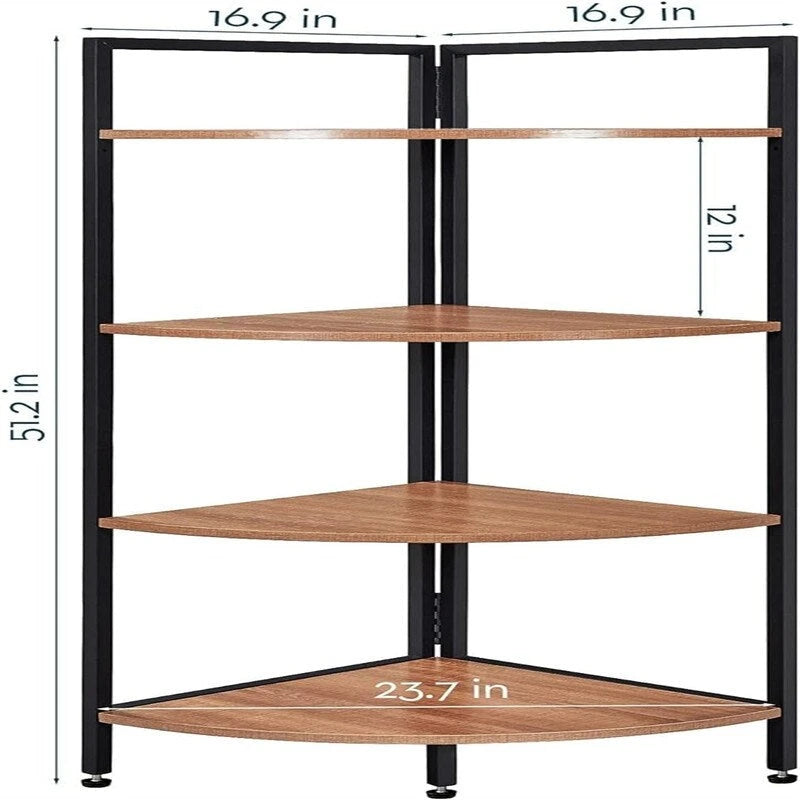 Étagère d'angle à 4 niveaux, Chêne Noyer / Noir, Structure triangulaire, 1 personne