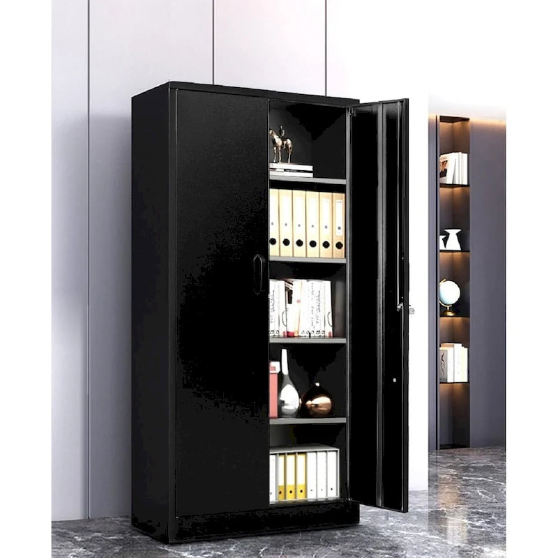 Meuble de rangement en métal noir/gris/blanc crème – 2 portes verrouillables, 4 étagères réglables, assemblage par 2 personnes