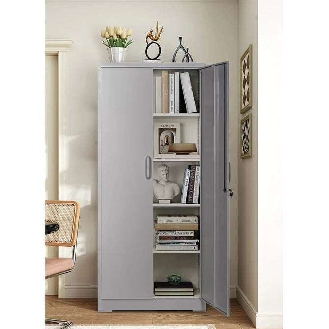 Meuble de rangement en métal noir/gris/blanc crème – 2 portes verrouillables, 4 étagères réglables, assemblage par 2 personnes