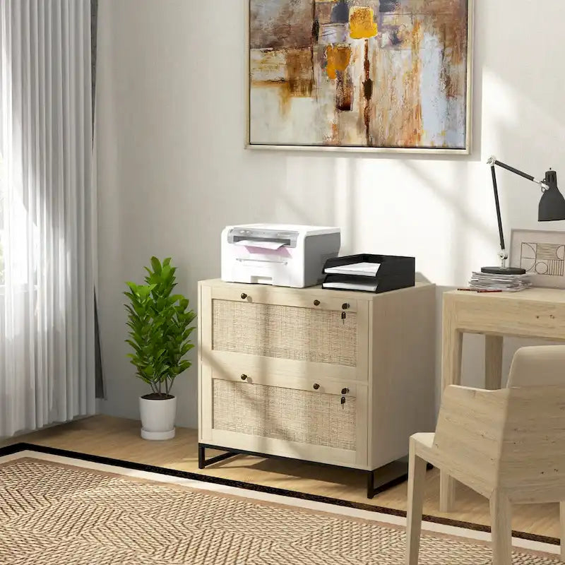Classeur naturel à 2 tiroirs – Style rotin, verrouillable, pour 1 utilisateur