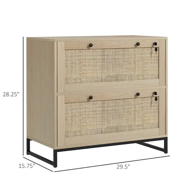 Classeur naturel à 2 tiroirs – Style rotin, verrouillable, pour 1 utilisateur
