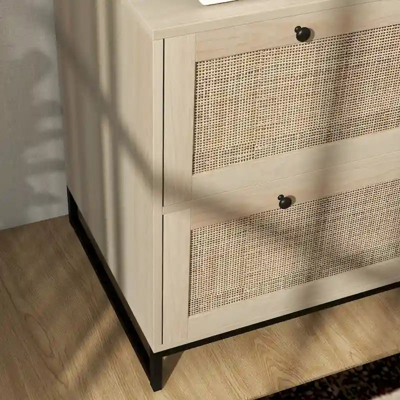 Classeur naturel à 2 tiroirs – Style rotin, verrouillable, pour 1 utilisateur