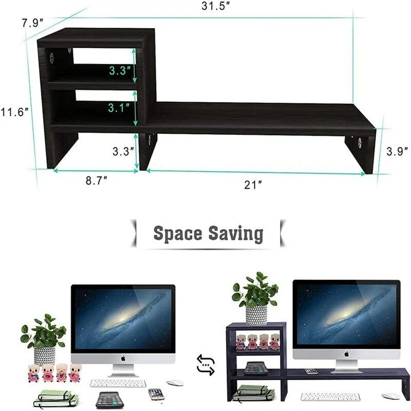 Rehausseur de moniteur noir avec étagères latérales – Utilisateur unique
