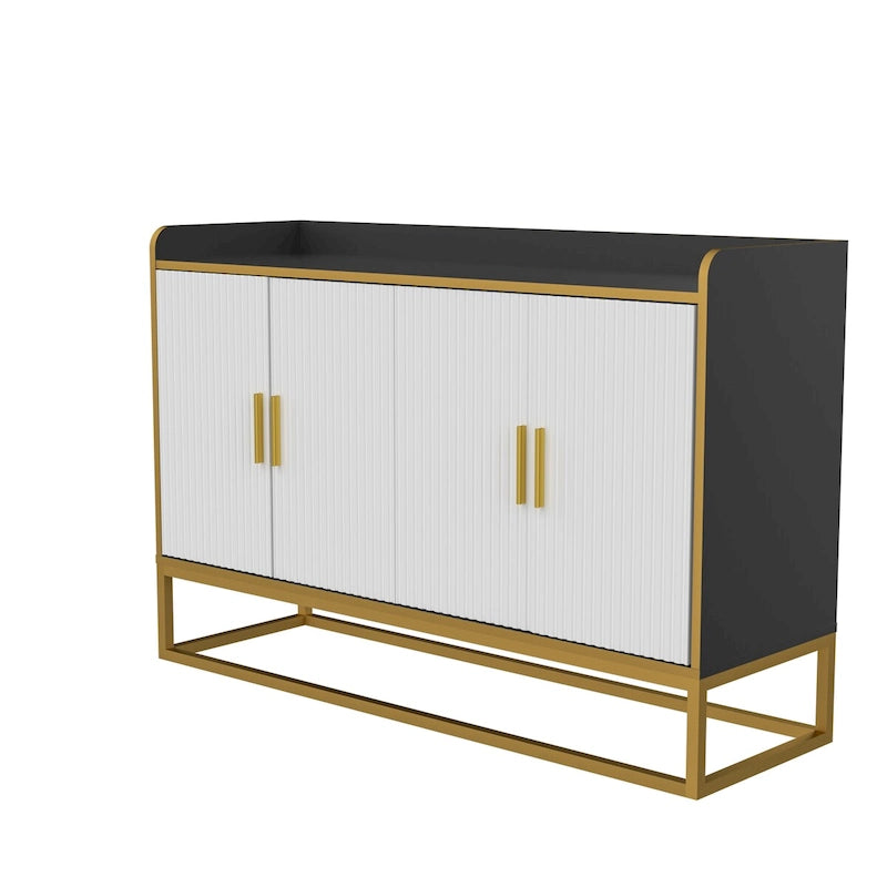 Buffet en Bois Noir Brillant et Doré avec Pieds en Métal Doré