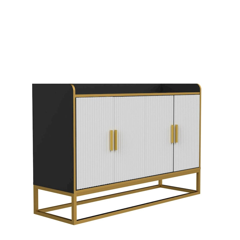 Buffet en Bois Noir Brillant et Doré avec Pieds en Métal Doré