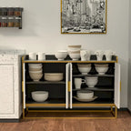 Buffet en Bois Noir Brillant et Doré avec Pieds en Métal Doré
