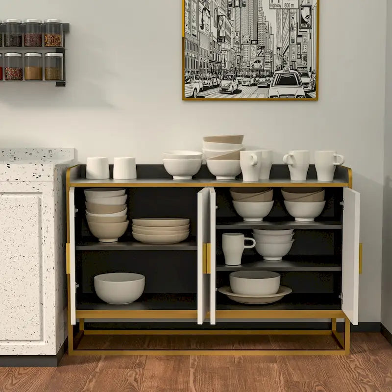 Buffet en Bois Noir Brillant et Doré avec Pieds en Métal Doré