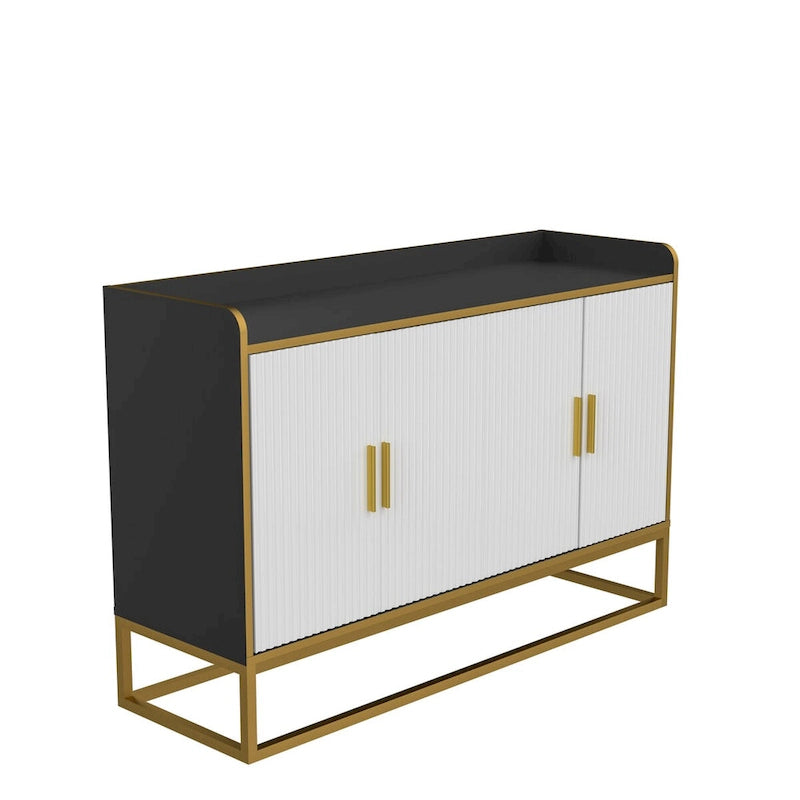 Buffet en Bois Noir Brillant et Doré avec Pieds en Métal Doré