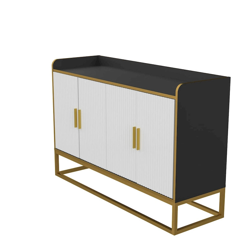 Buffet en Bois Noir Brillant et Doré avec Pieds en Métal Doré