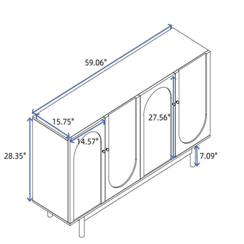 Meuble de rangement blanc à 4 portes, plateau en MDF, pieds en pin, poignées en bois massif – Assemblage par 1 personne