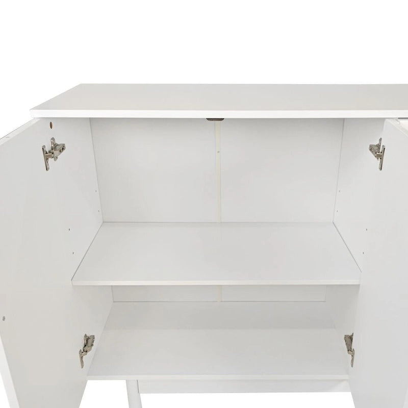 Meuble de rangement blanc à 4 portes, plateau en MDF, pieds en pin, poignées en bois massif – Assemblage par 1 personne