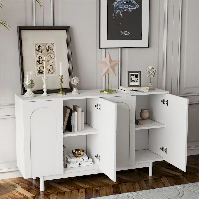 Meuble de rangement blanc à 4 portes, plateau en MDF, pieds en pin, poignées en bois massif – Assemblage par 1 personne