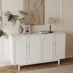 Meuble de rangement blanc à 4 portes, plateau en MDF, pieds en pin, poignées en bois massif – Assemblage par 1 personne