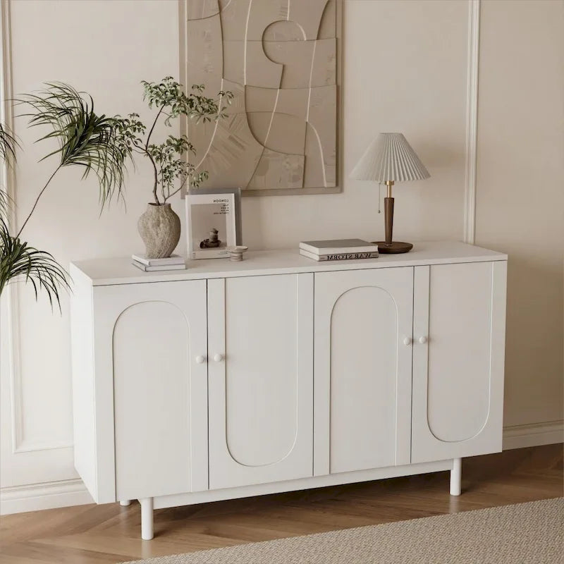 Meuble de rangement blanc à 4 portes, plateau en MDF, pieds en pin, poignées en bois massif – Assemblage par 1 personne