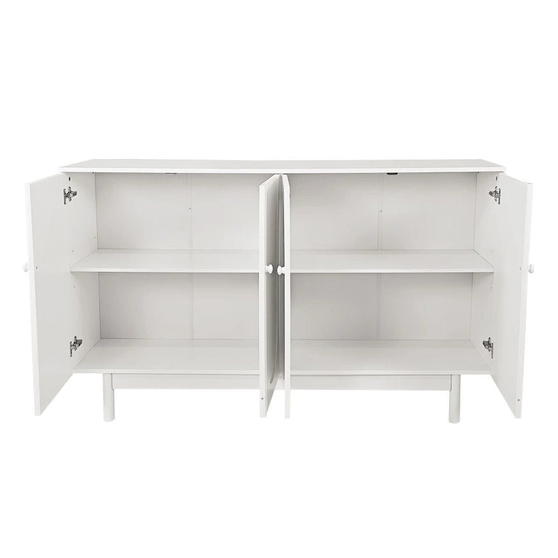 Meuble de rangement blanc à 4 portes, plateau en MDF, pieds en pin, poignées en bois massif – Assemblage par 1 personne