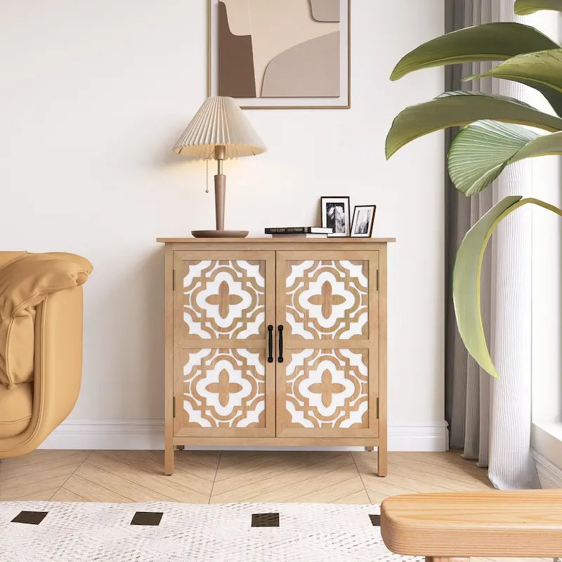 Meuble de rangement marron à 2 portes – Style sculpté à la main, assemblage par 1 personne