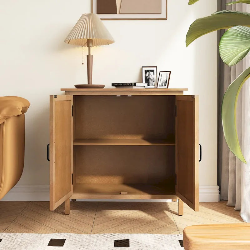 Meuble de rangement marron à 2 portes – Style sculpté à la main, assemblage par 1 personne