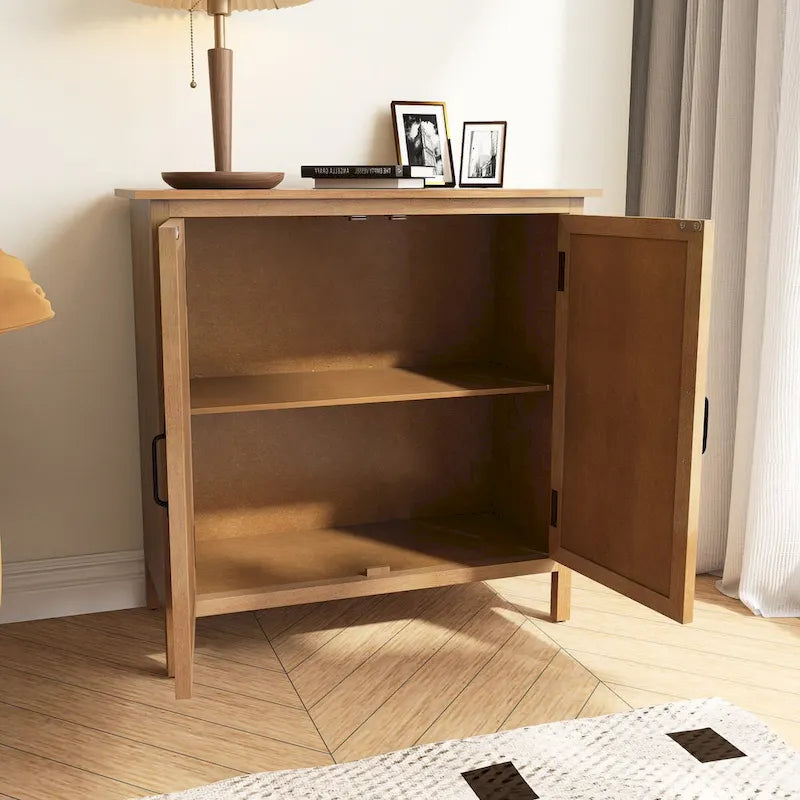 Meuble de rangement marron à 2 portes – Style sculpté à la main, assemblage par 1 personne