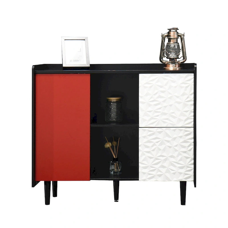 Bahut Buffet Noir & Rouge – 2 Tiroirs, 2 Étagères Ouvertes, 1 Placard