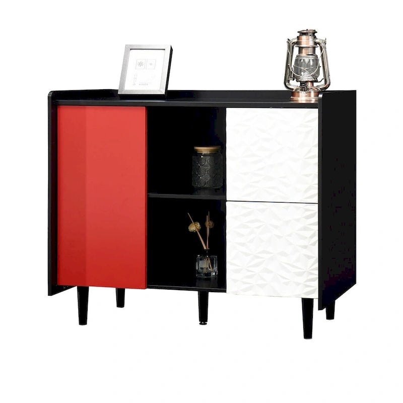 Bahut Buffet Noir & Rouge – 2 Tiroirs, 2 Étagères Ouvertes, 1 Placard