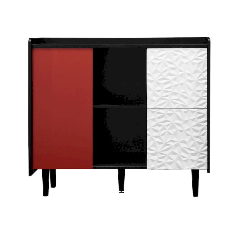 Bahut Buffet Noir & Rouge – 2 Tiroirs, 2 Étagères Ouvertes, 1 Placard