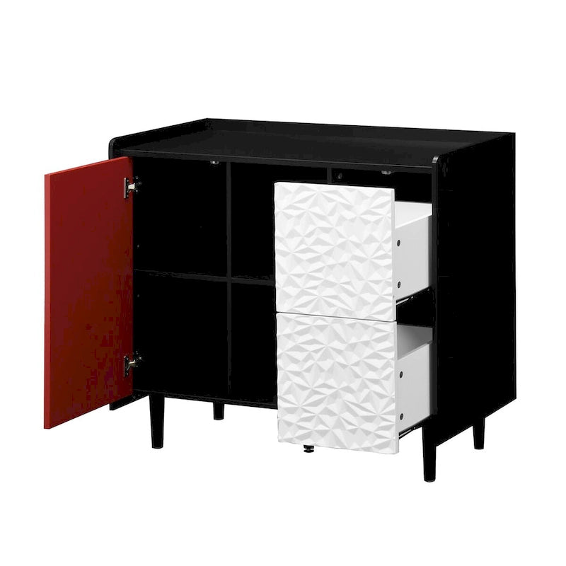 Bahut Buffet Noir & Rouge – 2 Tiroirs, 2 Étagères Ouvertes, 1 Placard