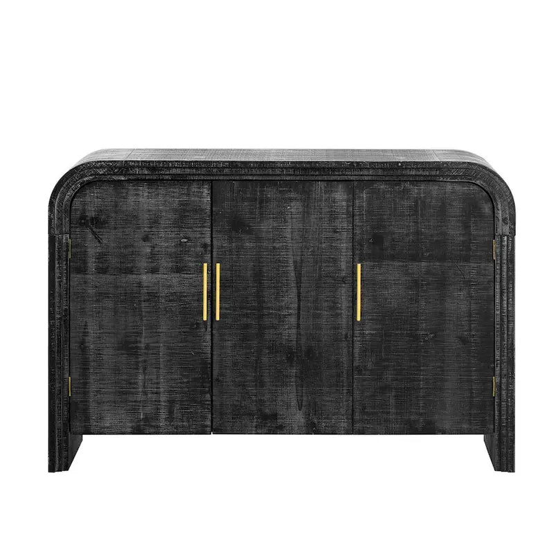 Enfilade Courbe – Finition Bois Naturel / Noir Antique, Poignées Dorées, 2 Portes