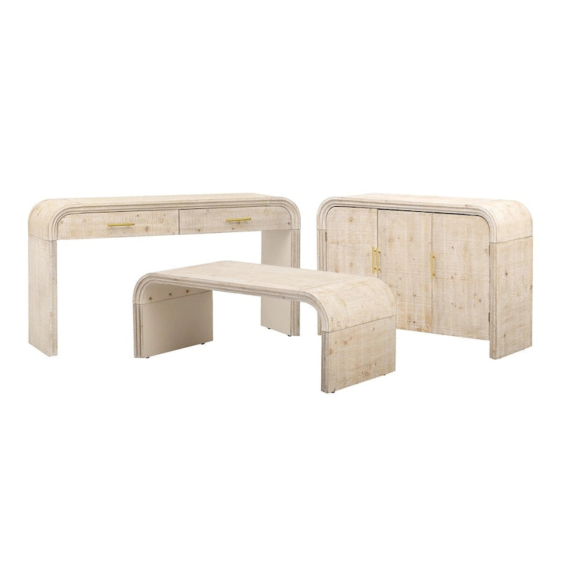 Enfilade Courbe – Finition Bois Naturel / Noir Antique, Poignées Dorées, 2 Portes