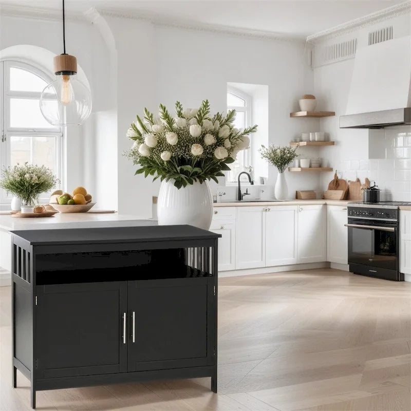 Buffet bas noir avec porte aimantée et étagère ouverte – Assemblage par 1 personne