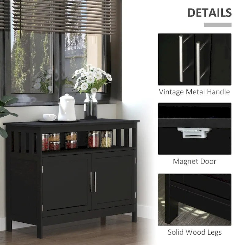 Buffet bas noir avec porte aimantée et étagère ouverte – Assemblage par 1 personne