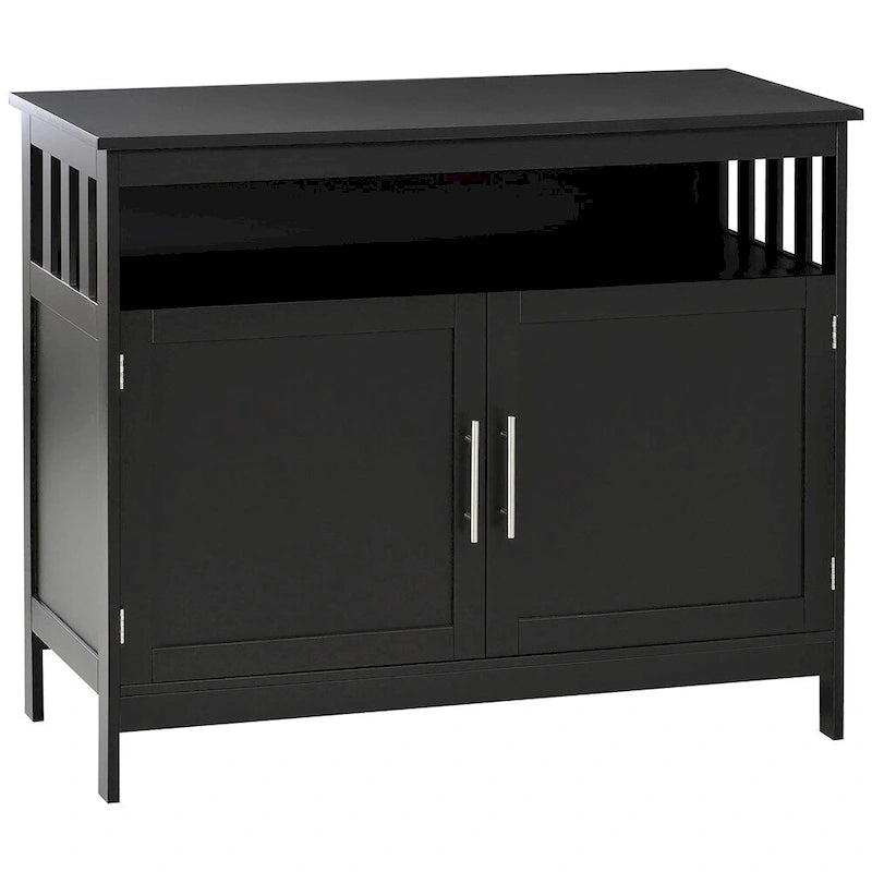 Buffet bas noir avec porte aimantée et étagère ouverte – Assemblage par 1 personne