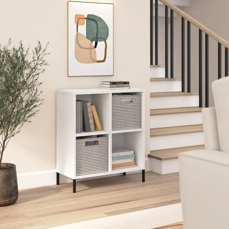 Bibliothèque de rangement 4 cubes blanche – Pieds en acier, 2 étagères