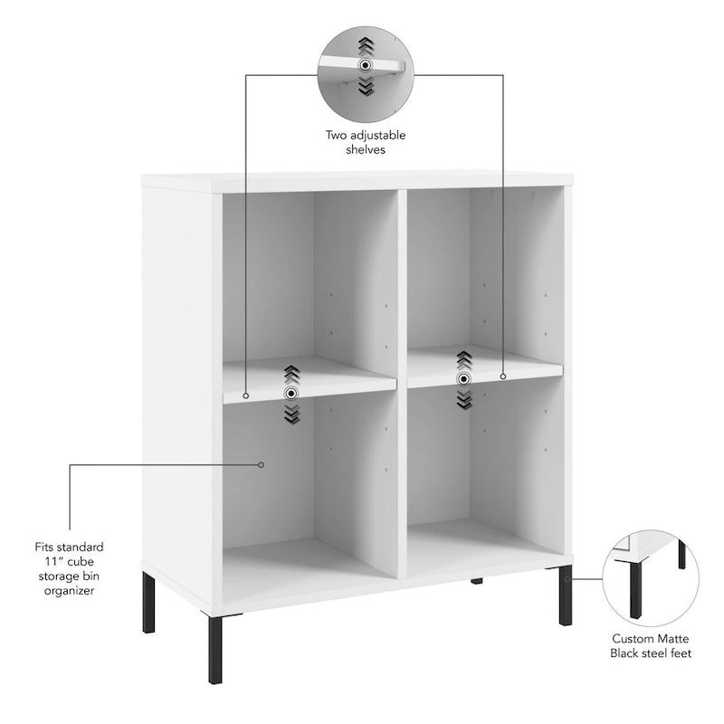 Bibliothèque de rangement 4 cubes blanche – Pieds en acier, 2 étagères