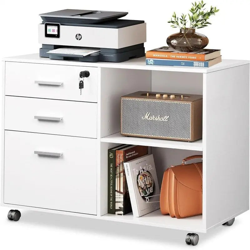 Classeur mobile à 3 tiroirs, blanc / noir / chêne gris, 79,5 cm L x 39,9 cm P x 62,7 cm H, 1 personne