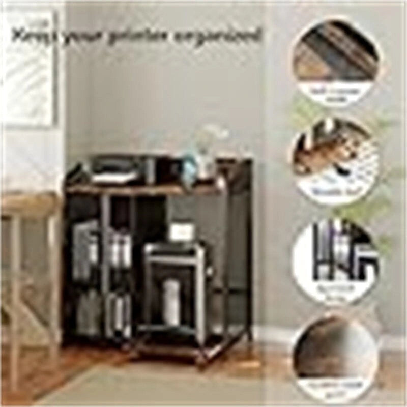 Support d'imprimante avec rangement et station de recharge – Marron / Marron rustique / Blanc, une seule imprimante, 2 prises, 2 ports USB