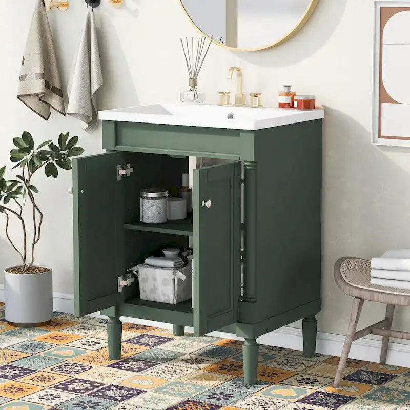 Meuble-lavabo simple vert/blanc/argenté/bleu avec armoire – 1 personne
