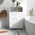 Meuble de rangement de salle de bain blanc au fini boisé avec 3 tiroirs et 1 porte – Assemblage par 1 personne