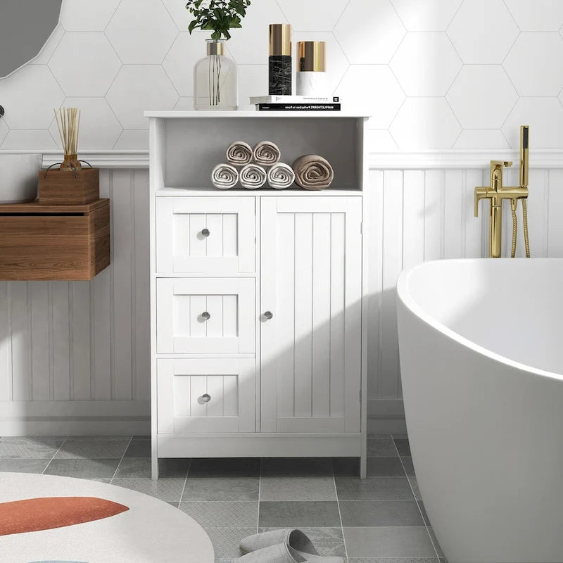 Meuble de rangement de salle de bain blanc au fini boisé avec 3 tiroirs et 1 porte – Assemblage par 1 personne